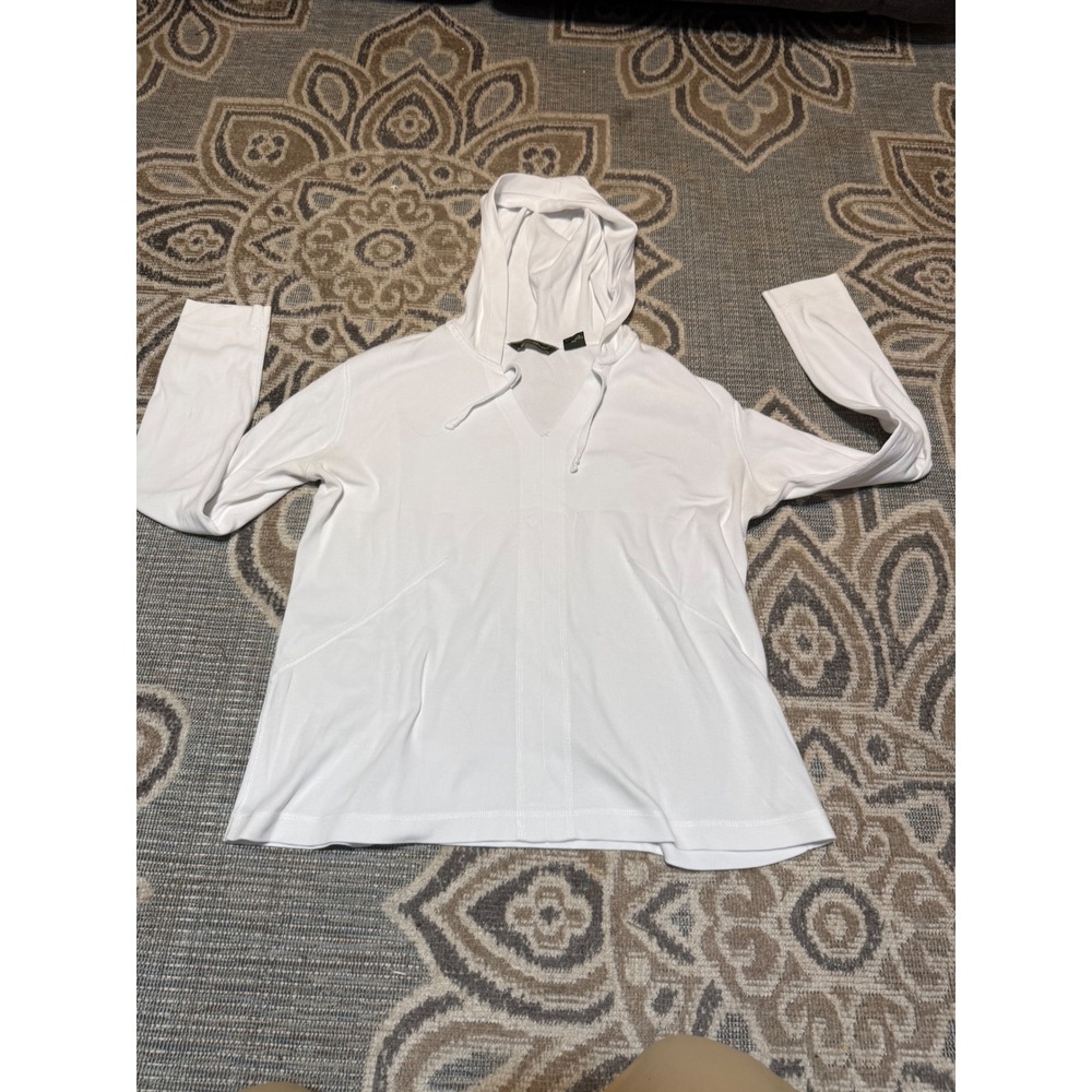 Eddie Bauer Womens XL White Cotton Long Sleeve Hooded V-Neck Pullover Top